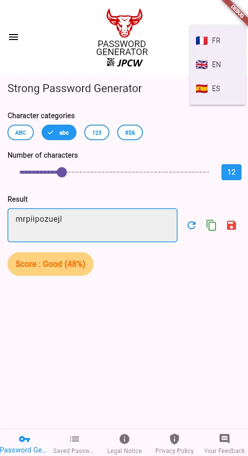 Interface multilingue de Strong Password Generator