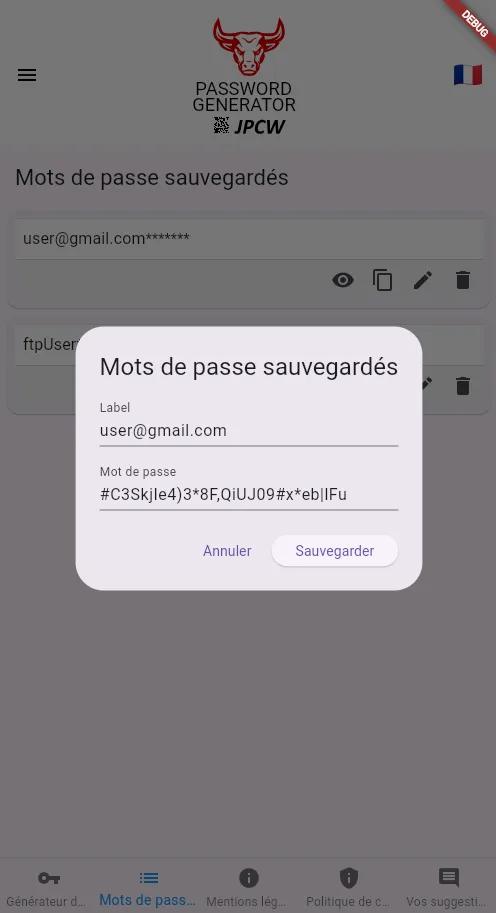 Liste des mots de passe enregistrés dans Strong Password Generator